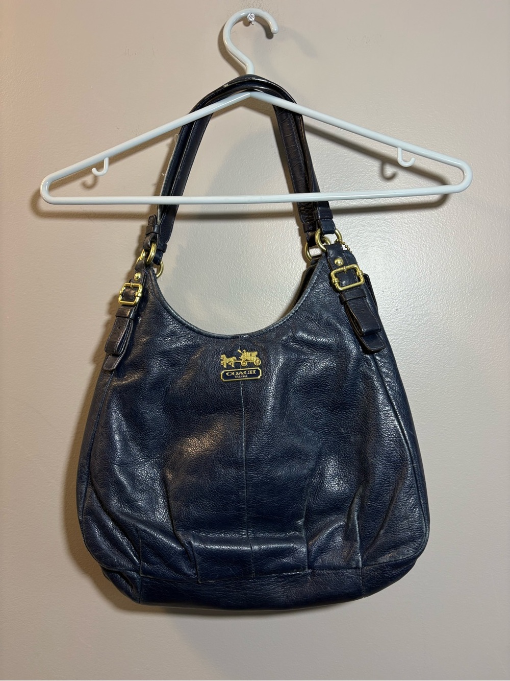 Coach Navy Leather Hobo Bag with Gold Hardware